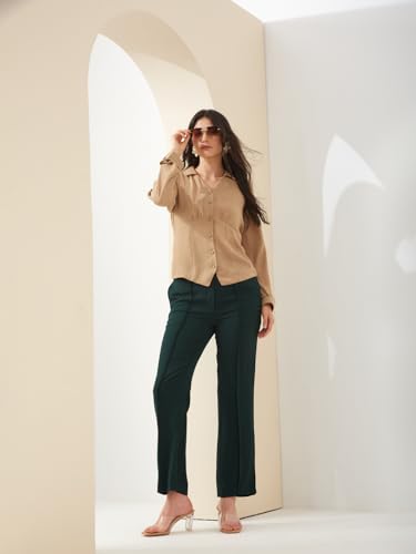 Latin Quarters Women Beige Collared Full Sleeves Solid Casual Shirt_XXL