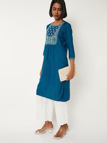 Max Women Embroidered Straight Kurta (Teal_XL)