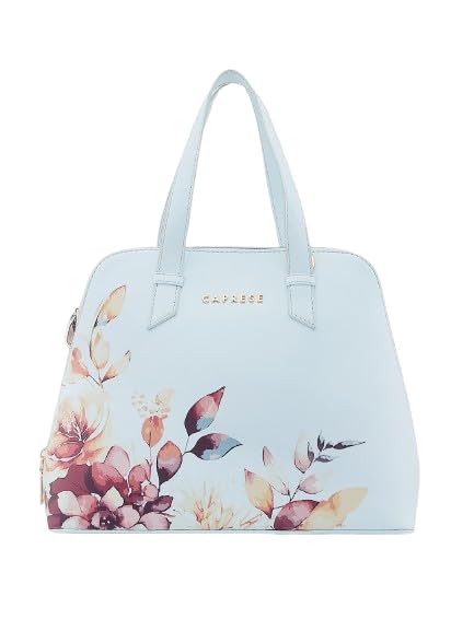 Caprese Alaya Medium Satchel Bag for Women | Stylish Floral Print Faux Leather Shoulder Bag with Multiple Compartments & Comfortable Handles | Perfect for Work, Travel, and Everyday Use (Blue)