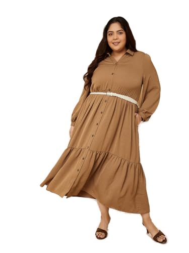 Max Women Textured A-line Tiered Shirt Dress with Belt (Beige_5XL)