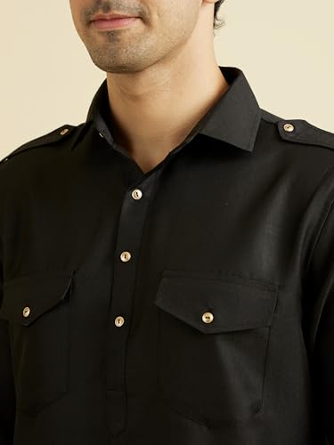 Manyavar Men's Rayon Blend Solid Pathani Kurta Churidar Set (Black,XL)