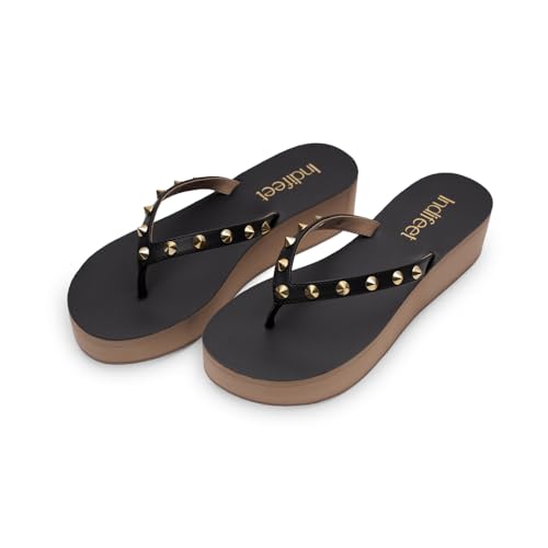 Indifeet Platform Heel Thong Chappals for Women, Black, UK 7