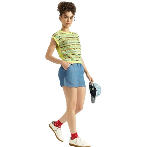 United Colors of Benetton Solid Skinny Fit High Waist Tencel Shorts (Size: 34) - 26P4DENIM159I901 Blue
