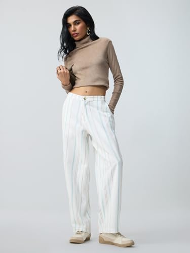 The Souled Store Cotton Linen Pants: Cruise Women Girls Elastic Waistband Off-White Striped Cotton Linen Blend Barrel Fit Lightweight Everyday Casual Pants