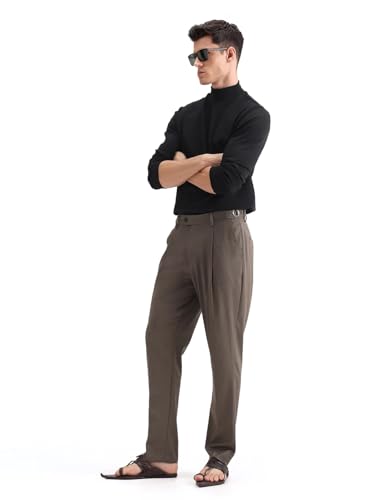 RARE RABBIT Men's Naji Dark Brown Cotton Blend Plain Relaxed Fit Trouser