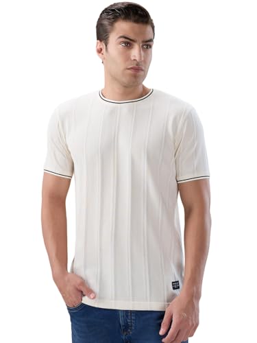 Status Quo Men's Textured Half Sleeves Round Neck Regular Fit T-Shirt with Tipping Details | 52% Cotton 48% Polyester | Off White | M
