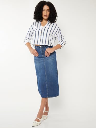 Max Women Striped Boxy Fit Crop Shirt(Blue_XL)