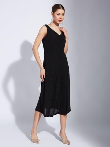 Latin Quarters Women Black Solid A-Line Midi Dress with V-Neck and Sleeveless Design Ideal