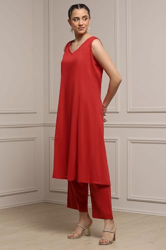 Biba Women Red Chanderi Embroidered Kalidar Suit Set_34