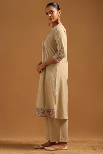 Soch Womens Beige Pure Cotton Solid Kurta Set With Kantha Embroidery