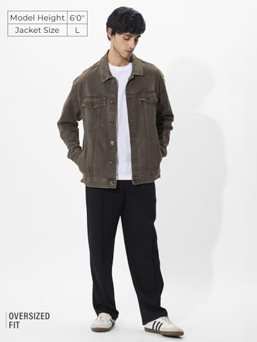 The Souled Store Stone Olive Men and Boys Long Sleeves Collared Neck Button Front Cotton Oversized Denim Jackets