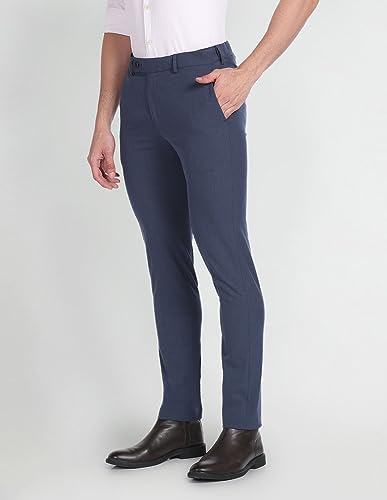 Arrow Super Slim Fit Solid Formal Trousers Blue