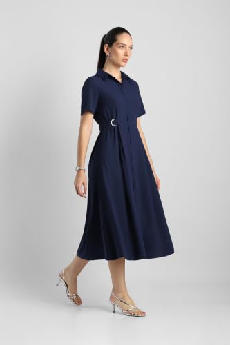 Women Navy Solid Calf Length Formal Dress