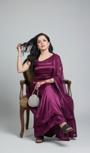Plus Size Evening Gown, Plum Purple Organza Silk Dress with Sheer Dupatta
