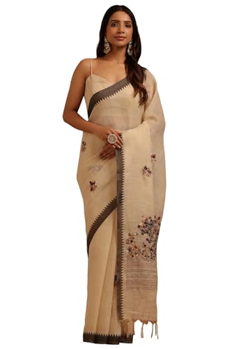 Soch Womens Black Linen Floral Hand Embroidered Saree