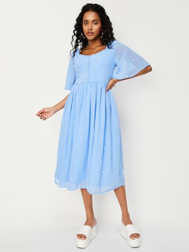 Max Women A-Line Embroidered Midi Dress (EMBDRS34049LIGHT Blue)_L