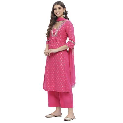 BIBA Women Cotton Printed Kurta Sets (SKDNAGMA10833SS25FUS_Fuchsia, XL