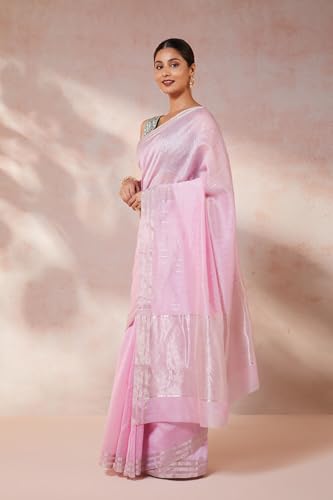 Taneira Women Pink Woven Pure Silk Cotton Chanderi Saree with Unstitched Blouse Piece (SHH08G00130-Light Pink)