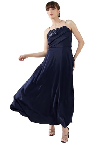 Latin Quarters Women's Navy Blue Shoudler Strap Square Neck Solid Party Maxi Dress_M