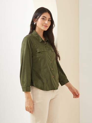 Latin Quarters Women Green Collared Full Sleeves Solid Casual Shirt_S