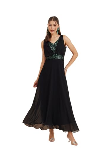 Latin Quarters Women's Black V-Neck Sleeveless Solid Party A-Line Dress_M