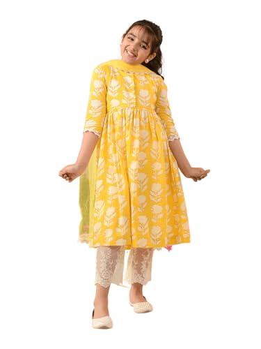 Pspeaches Girls Cotton Printed Kurta & Palazzo (KS-YELLOWOFFWHITE-8-10Y_Yellow