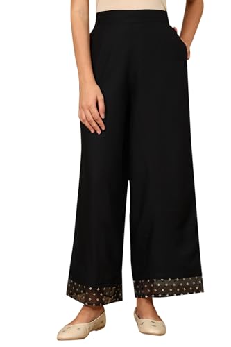 Black Solid Rayon Parallel Pants with Embellished Organza Hemline_24AUW63033-222376_S