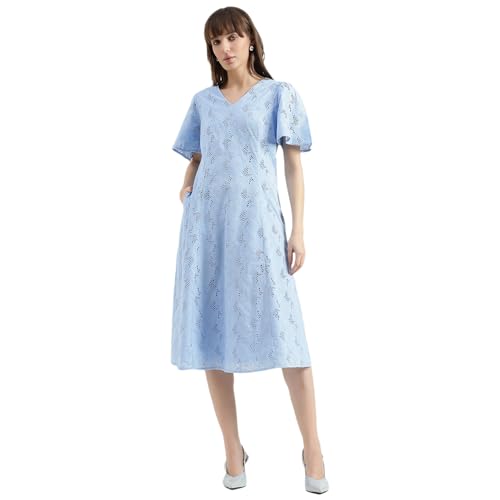 United Colors of Benetton Regular Fit V-Neck Schiffli Embroidered Dress (Size : M) - 26P4WVNDRS83I51B Blue