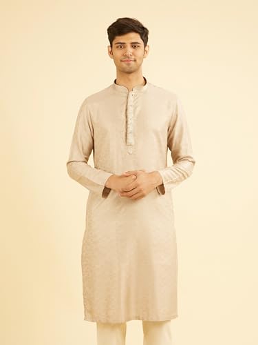 Manyavar Men's Viscose Blend Self Design Jacquard Weave Traditional Kurta Set (Natural,XL)
