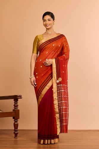 Taneira Women Dark Orange Silk Cotton Chanderi Woven Saree with Unstitched Blouse Piece (SAPH02AB0797-Dark Orange)