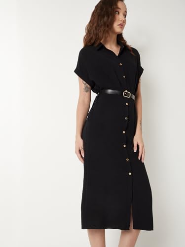 Max Women Solid Shirt Dress with Belt (Black_L)