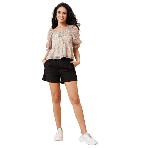 Globus Women Black Self Design High-Rise Regular Shorts with Zip Closure-GS568826