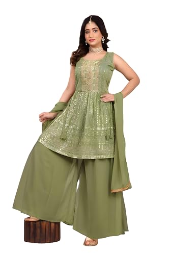 LUGAI Gown on Chanderi Silk Fabric for Women | Women's Georgette Floral Printed Flared Gown with Dupatta | 39876_GR_KM 51_XL Green