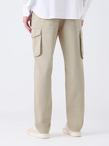 The Souled Store Solids: Beige Men and Boys Solid Cotton Twill Stretchable Utility Casual Streetwear Straight Fit Cargo Pants