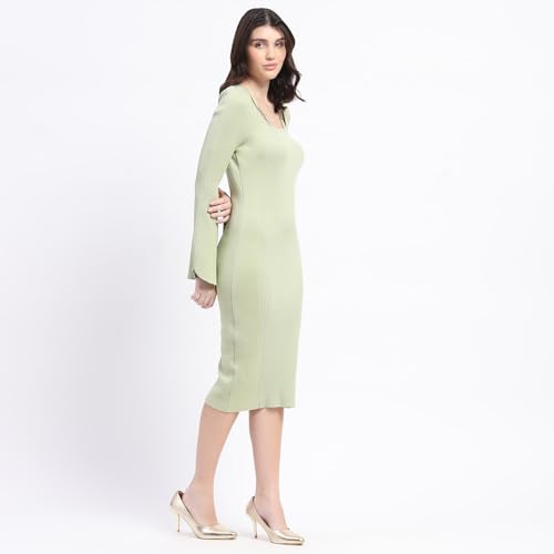 Madame Mint Green Knitted Midi Dress with Flounce Sleeves