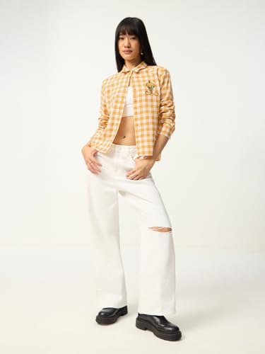 The Souled Store Looney Tunes: Tweety Women and Girls Full Sleeves Collared Yellow Checkered Cotton Linen Blend Regular Fit Lightweight Pop-Culture Embroidered Shirt for Casual Wear