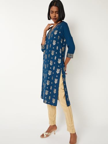 Max Women Foil Print Straight Kurta (Green_M)