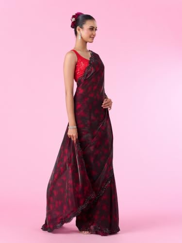 MOHEY Women's Organza Printed & Stone Work Saree with Blouse Piece (Rani)