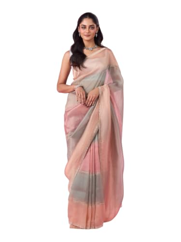 MOHEY Women's Organza Cutdana Work & Embellished Saree with Blouse Piece (Sea Green)