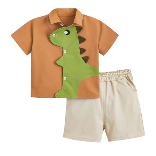 Hopscotch Boys Short Sleeves Brown 2-Pc Dino Applique Shirt & Shorts (18-24 Months)