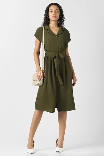 Women Olive Solid Knee Length Formal Dress