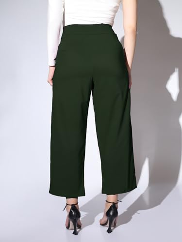 Leriya Fashion Trousers for Women || Solid Bi-Stretch Straight Trousers with 2 Front Pockets & Decorative Buckle || for Office || Casual || Professionals Wear Pleated Trousers (Medium, Green)