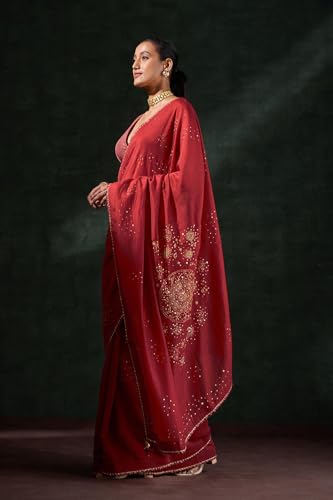 Taneira Women Red Pure Silk Cotton Embroidered Saree with Unstitched Blouse Piece (SAPP01AA1376-Red)