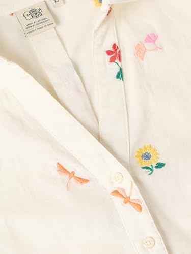 The Souled Store Dragonfly Women and Girls Three-Quarter Sleeves Collared Off White Embroidered Cotton Oversized Fit Breathable Lightweight Shirt for Casual Streetwear