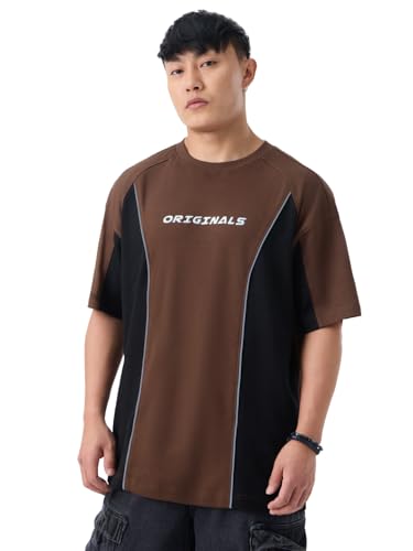 The Souled Store Brown Armour Men and Boys Short Sleeve Round Neck Brown Colourblock Casual Lightweight Drop Shoulder Streetwear Trendy Oversized T-Shirts