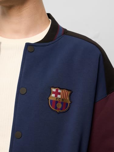 The Souled Store FC Barcelona: Barca Men and Boys Long Sleeves Band Collared Button Front Blue and Maroon Printed Oversized Varsity Jackets