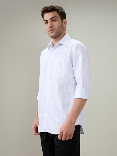 Raymond Men Regular Fit Stripe Pattern Pure Cotton Semi Cutaway Collar Full Sleeve Formal Shirt Blue