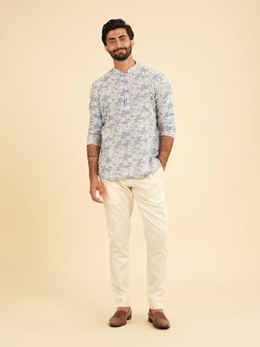 Manyavar Men's Cotton Printed Casual Short Kurta (Light Blue,XXL)