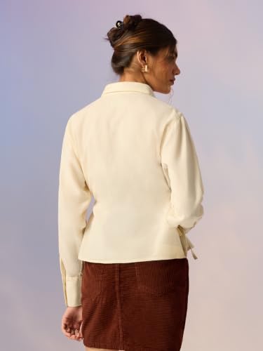 The Souled Store Seashell Women Full Length Spread Collar Off White Embroidered Cotton Linen Blend Regular Fit Breathable Side Tie-Up Lightweight Everyday Shirt for Casual Wear