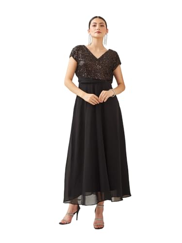 Latin Quarters Women Black V- Neck Short Sleeves A-Line Sequined Party Dress_XXL